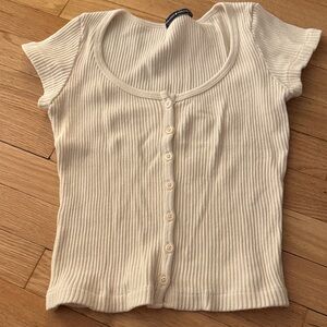 Brandy Melville Ribbed Button-Front Scoop Neck Top in Cream